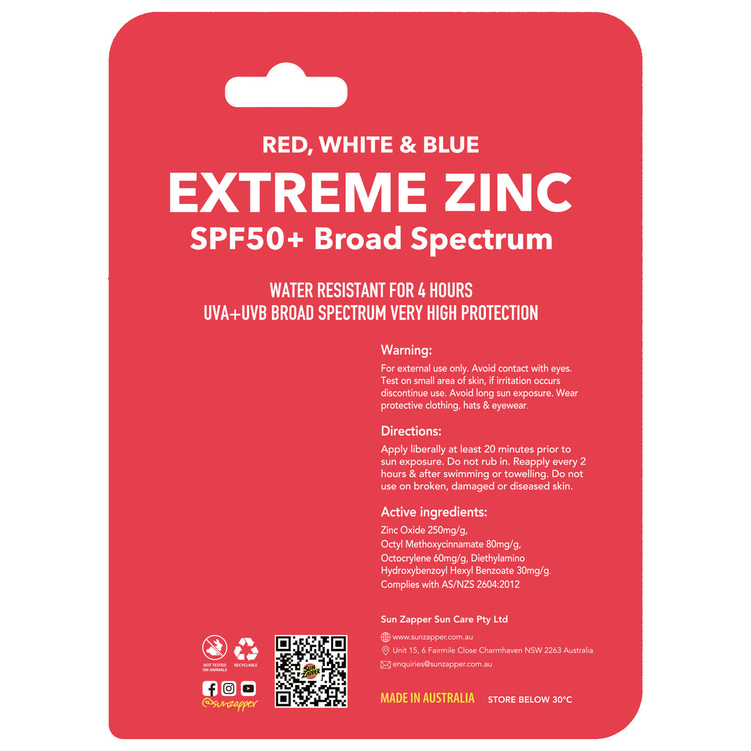 Sun Zapper Extreme Red, White & blue Zinc sticks SPF 50+