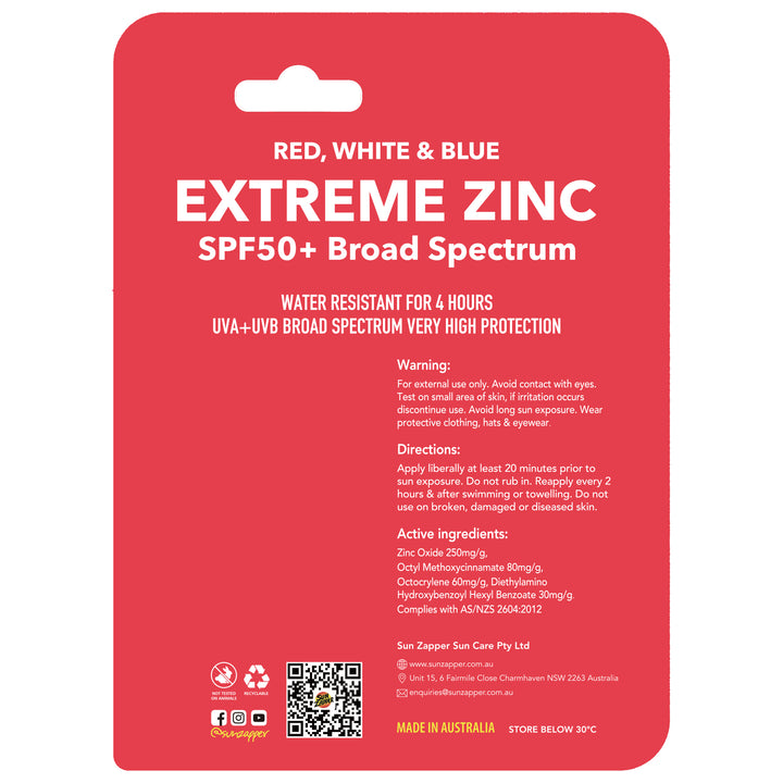 Sun Zapper Extreme Red, White & blue Zinc sticks SPF 50+